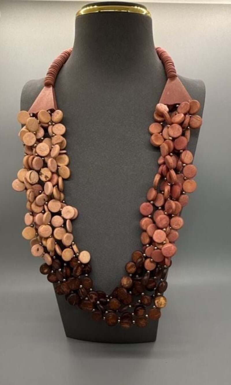 Ombre Multi Strand Wooden Disc Statement Necklace Brown Tone Boho Retro 90’s Vtg